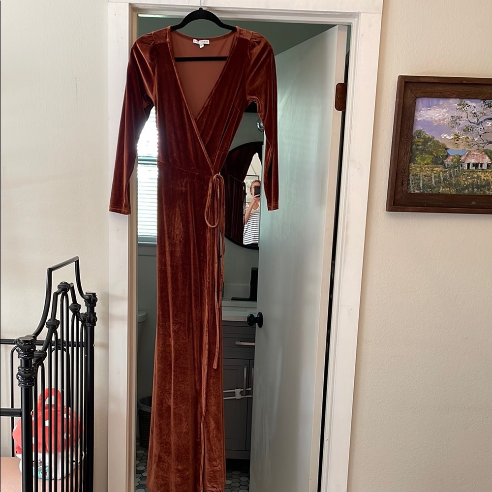 Elegant Rust Velvet Wrap Dress